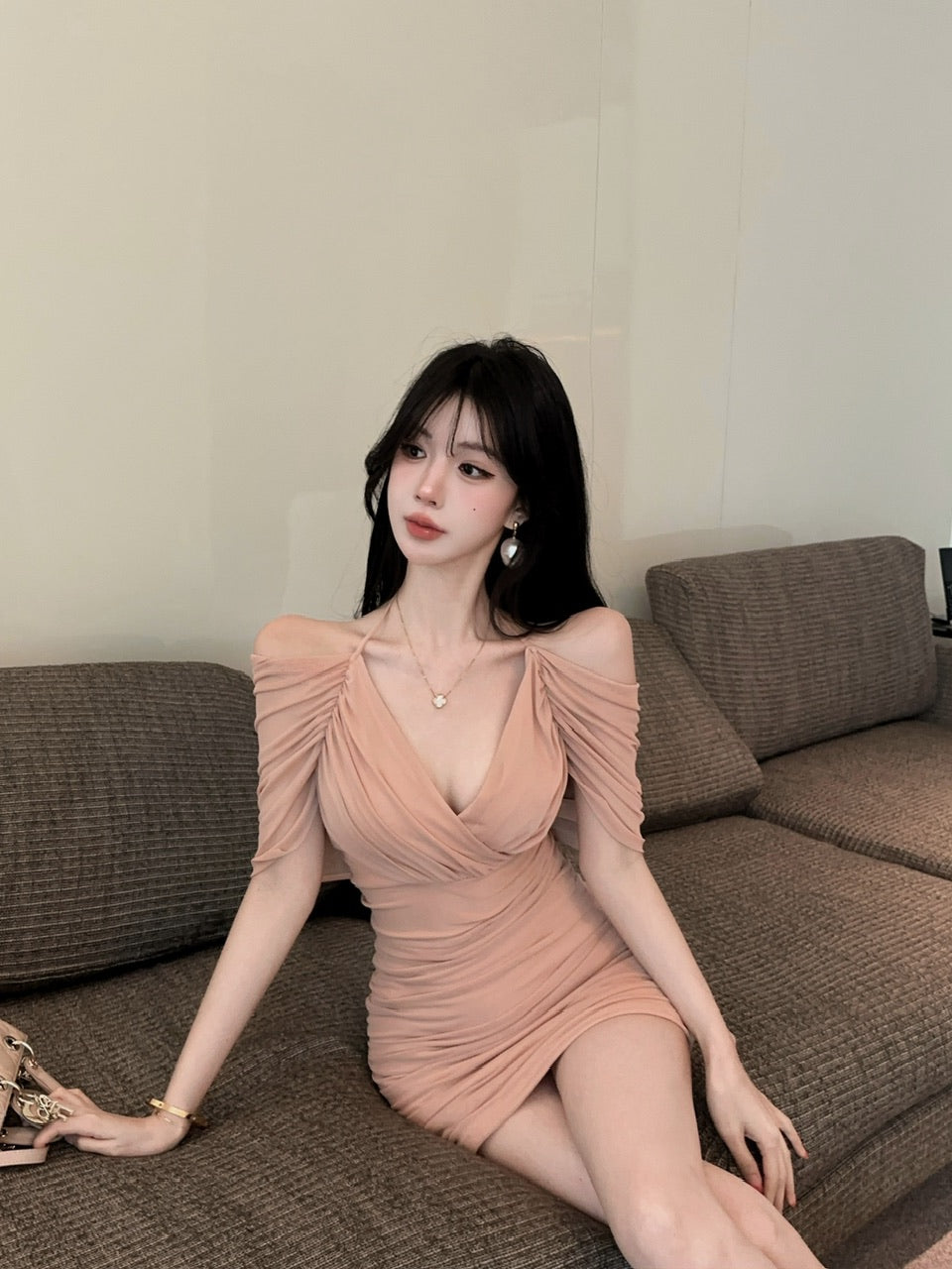 💕約會性感網紗綁帶包臀假兩件連身裙