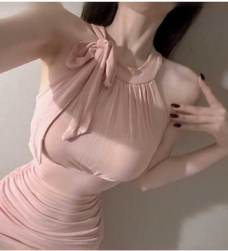 💕韓系輕熟掛脖無袖包臀連衣短裙