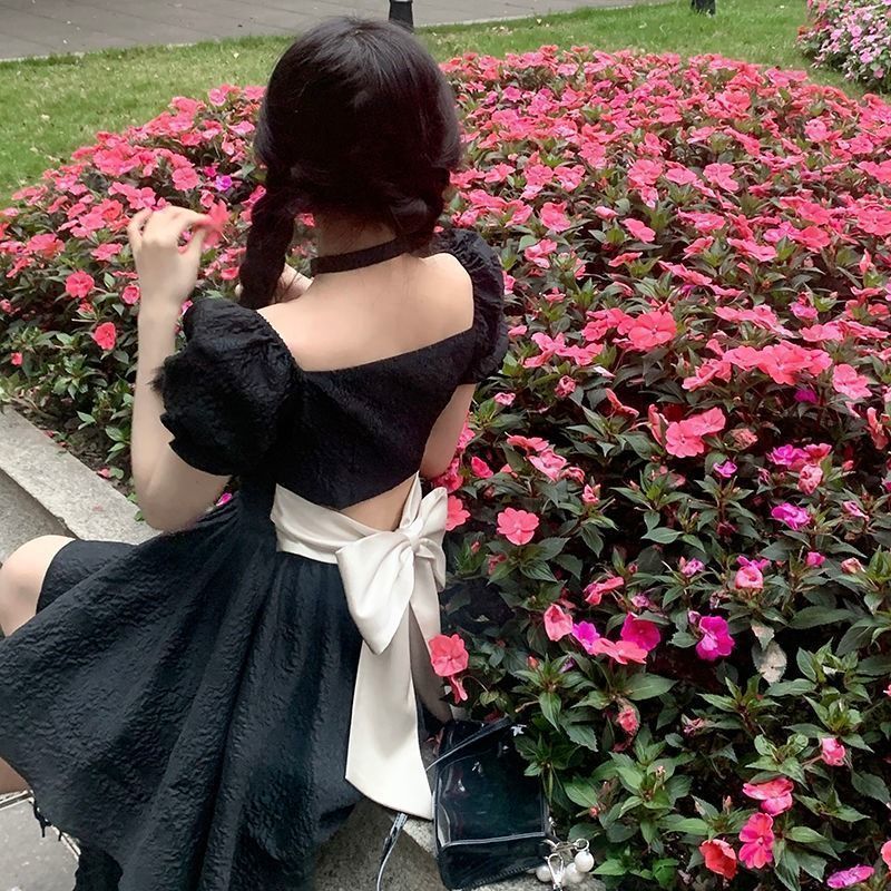 💕方領法式花邊露背蝴蝶結小個子澎澎短裙