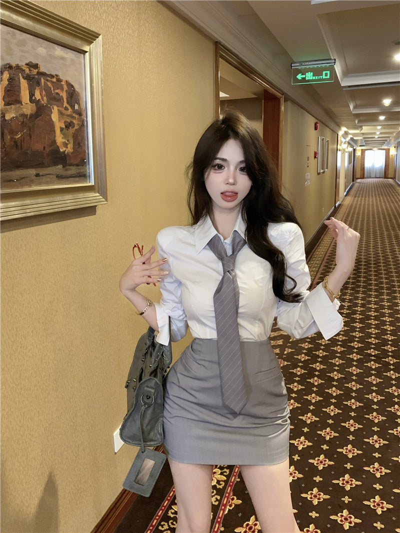 💕韓版秘書款收腰帶領襯衫兩件套