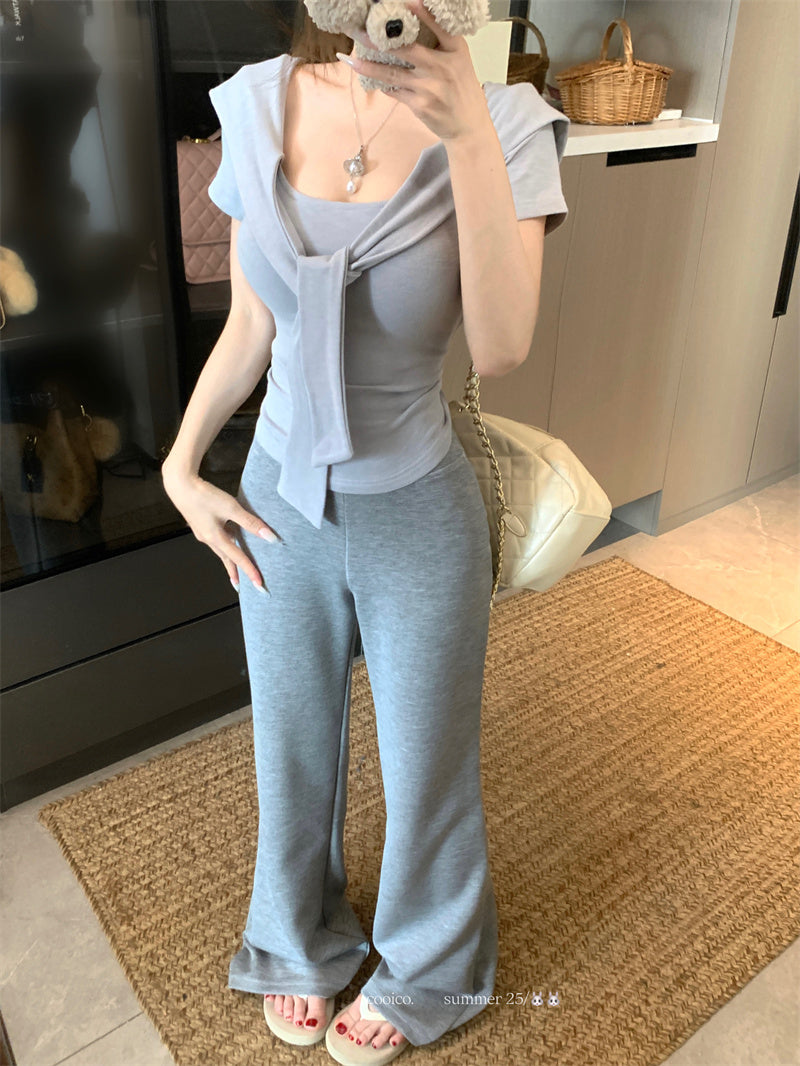 💕夏季綁帶方領短袖通勤百搭套裝