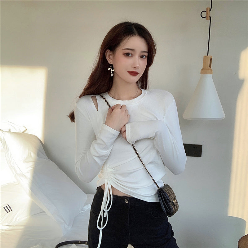 💕純色百搭鏤空側邊抽繩彈力打底上衣