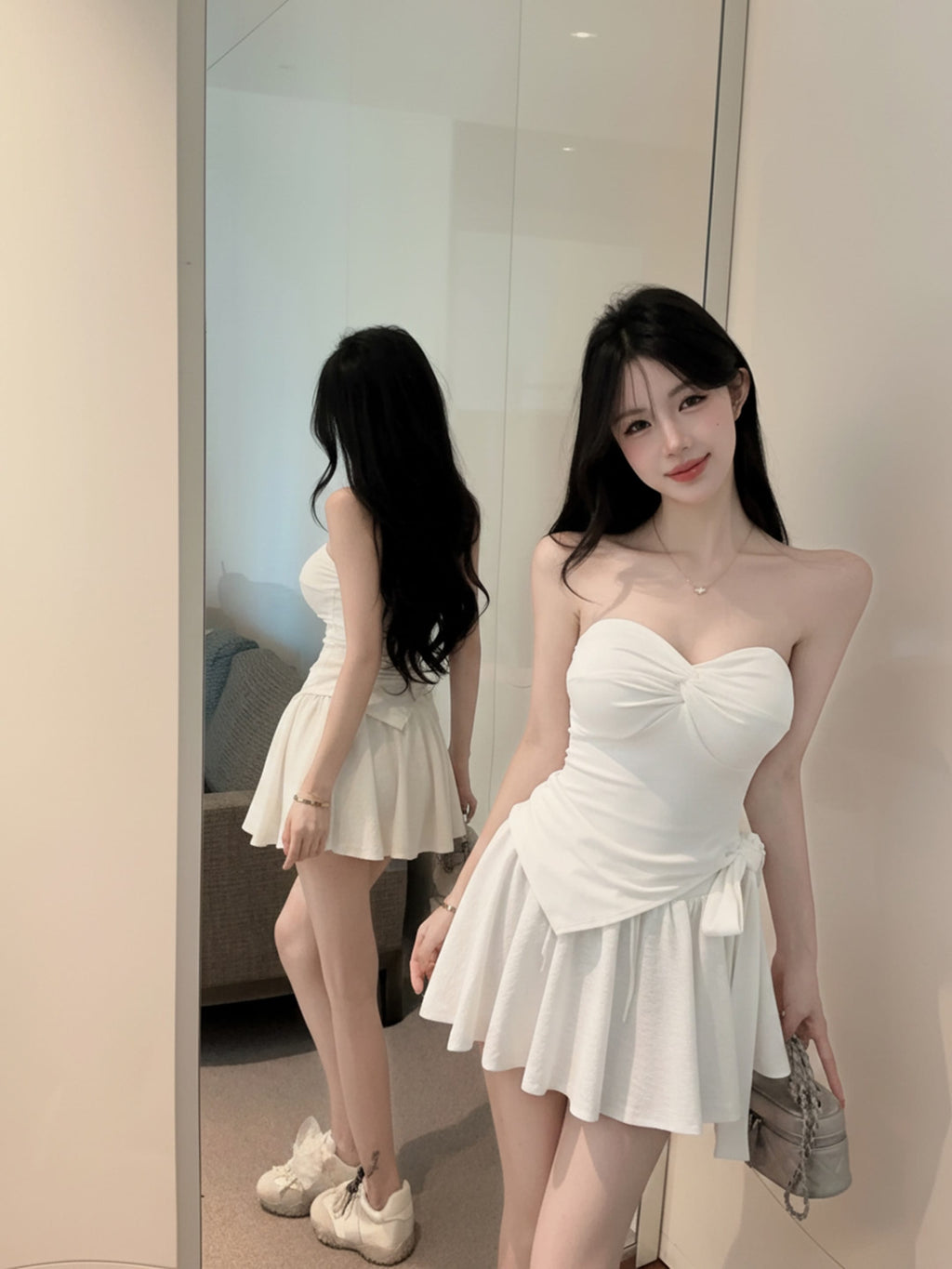 💕氣質帶胸墊不規則下擺系帶扭結兩件套