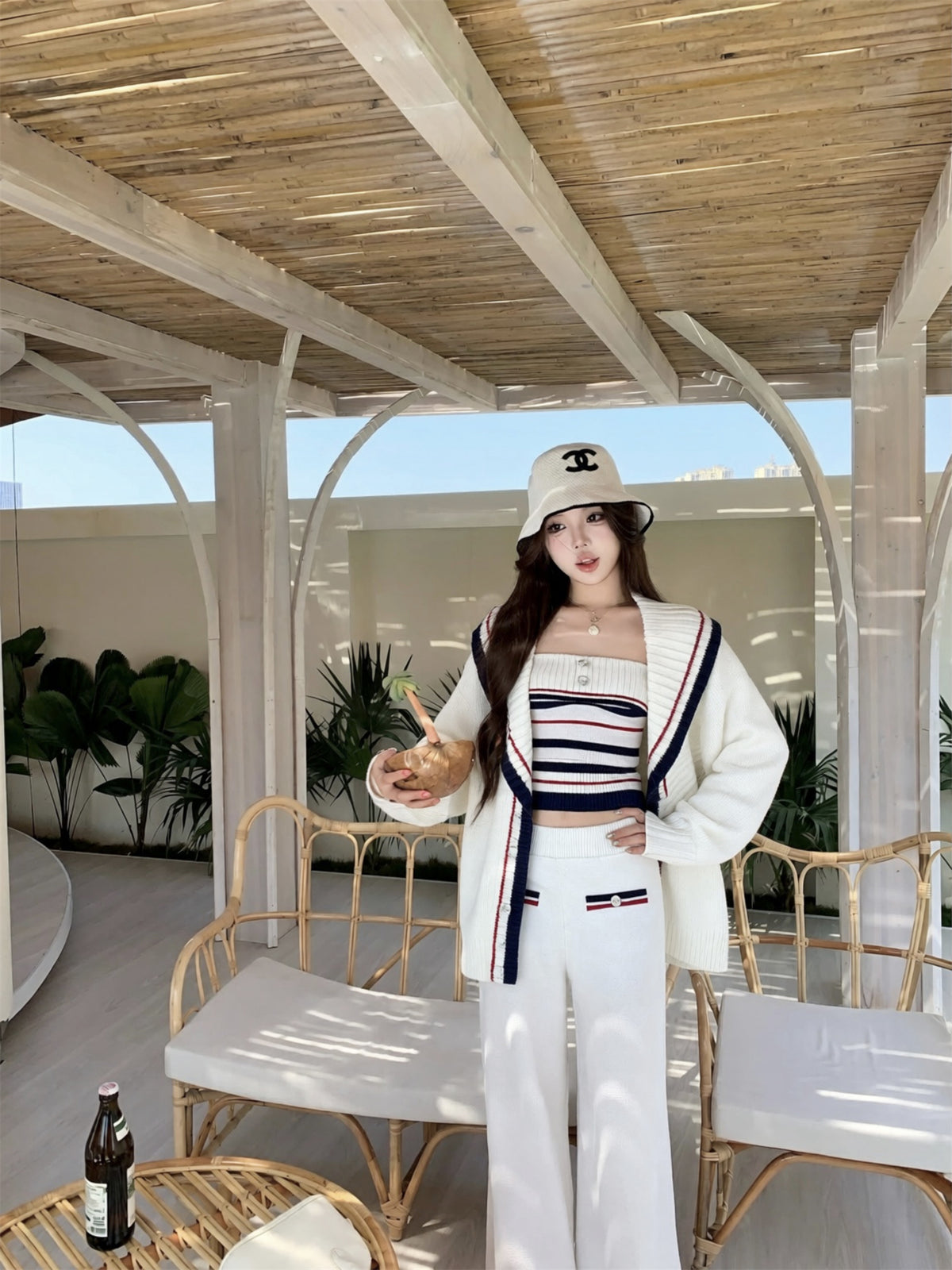 💕休閒慵懶條紋大翻領針織背心三件套