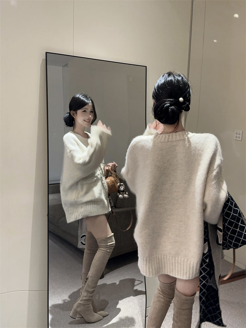 💕復古慵懶高級感軟糯蝴蝶結圓領上衣