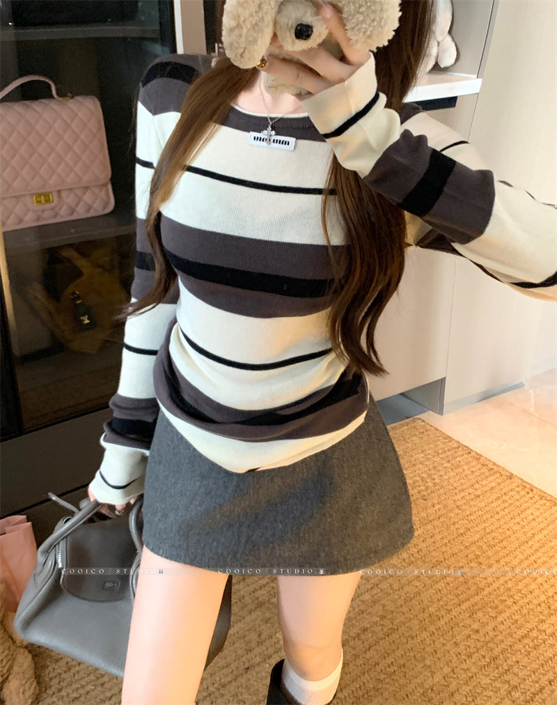 💕簡約休閒不規則條紋針織打底上衣