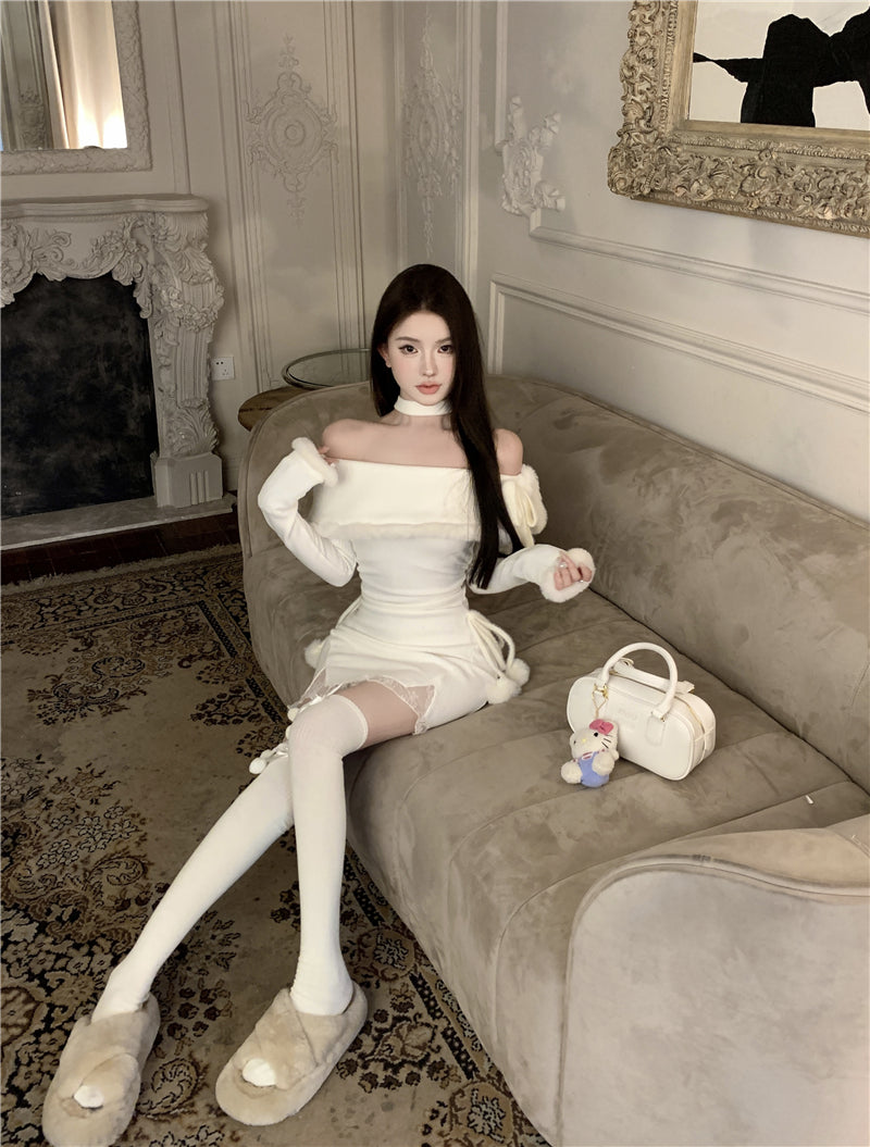 💕法式秋冬聖誕氣息掛脖毛邊包臀短裙