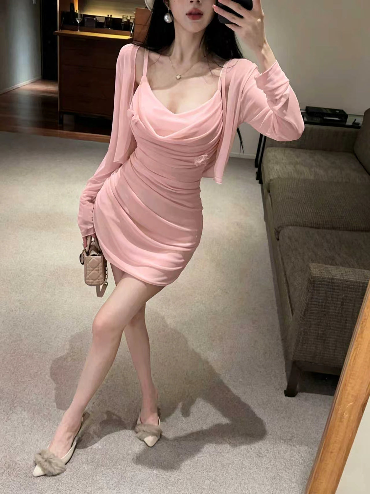 💕氣質盪領褶皺感網紗配薄外搭兩件套