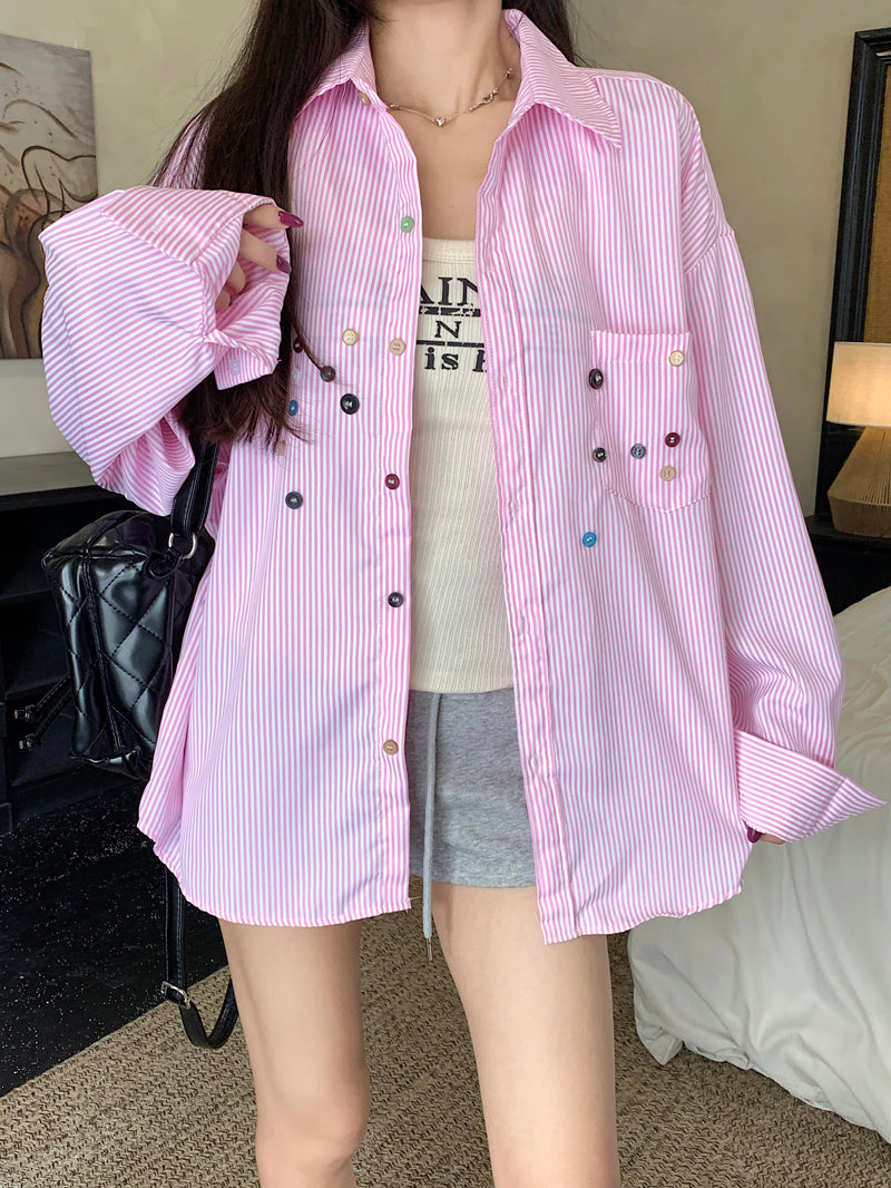 💕青春寬鬆百搭別緻彩色鈕扣條紋襯衫