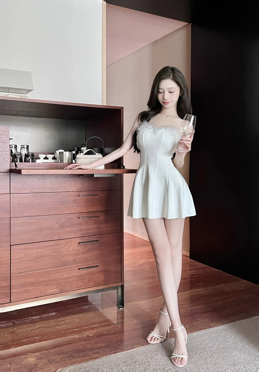💕法式性感毛毛拼接抹胸大擺連衣裙