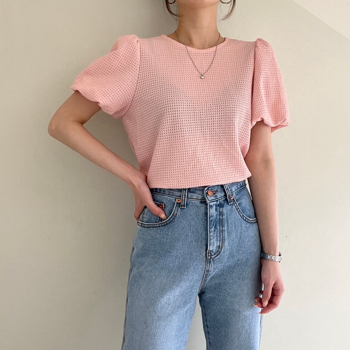 💕韓系溫柔華夫格鏤空圓領泡泡袖上衣