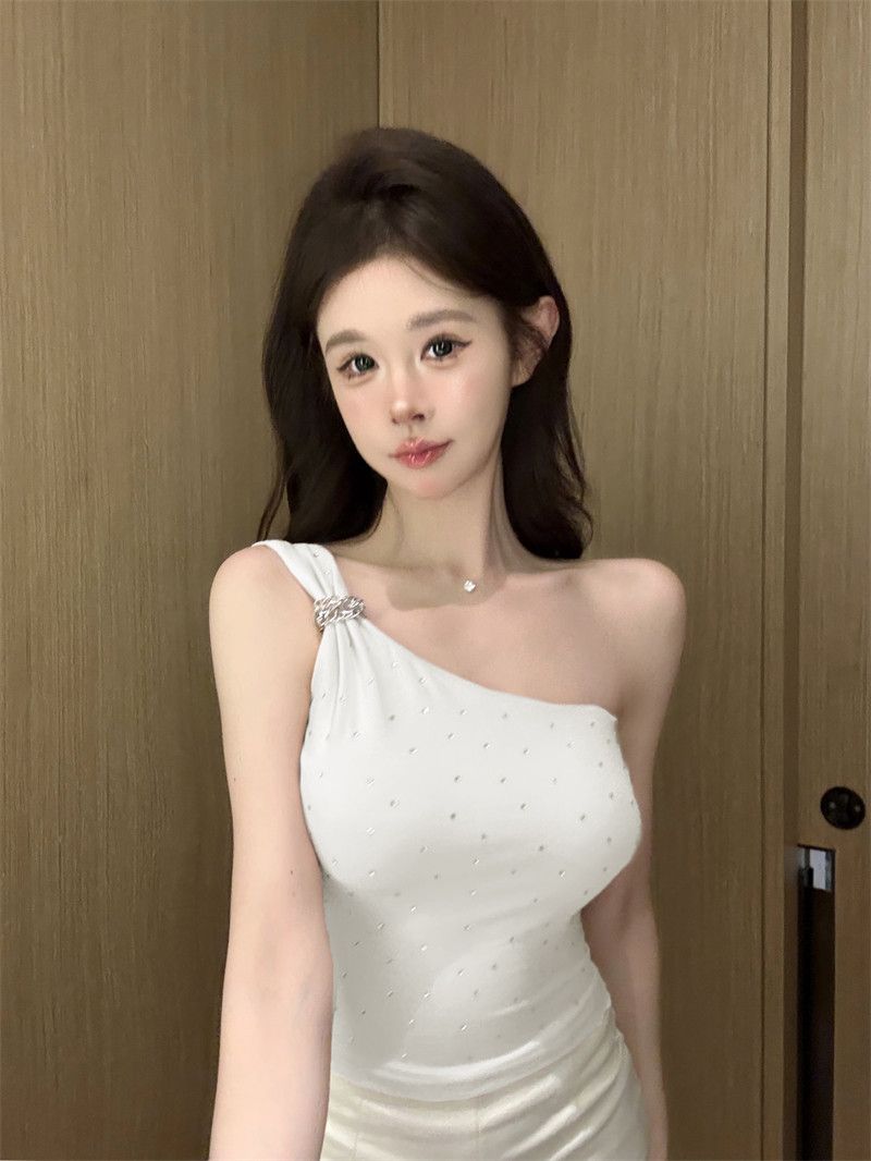 💕chic韓系性感斜肩燙鑽抹胸背心無袖上衣