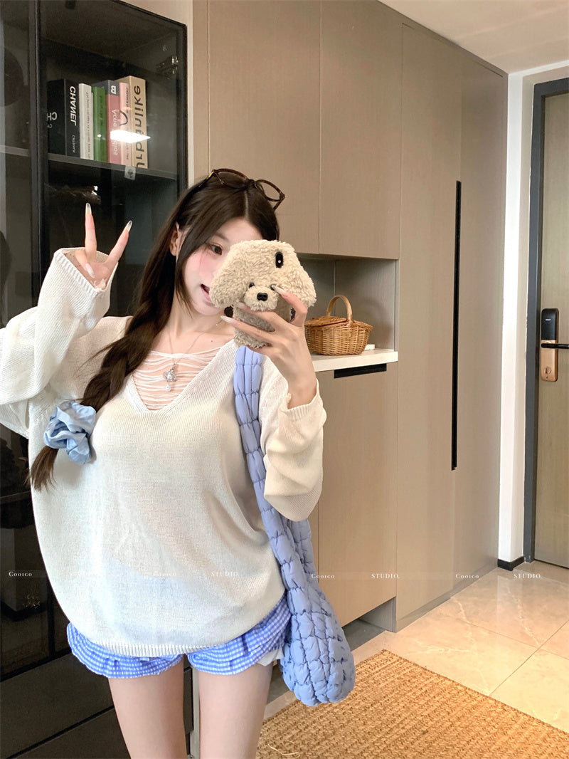 💕大V領微縷空針織防曬罩衫