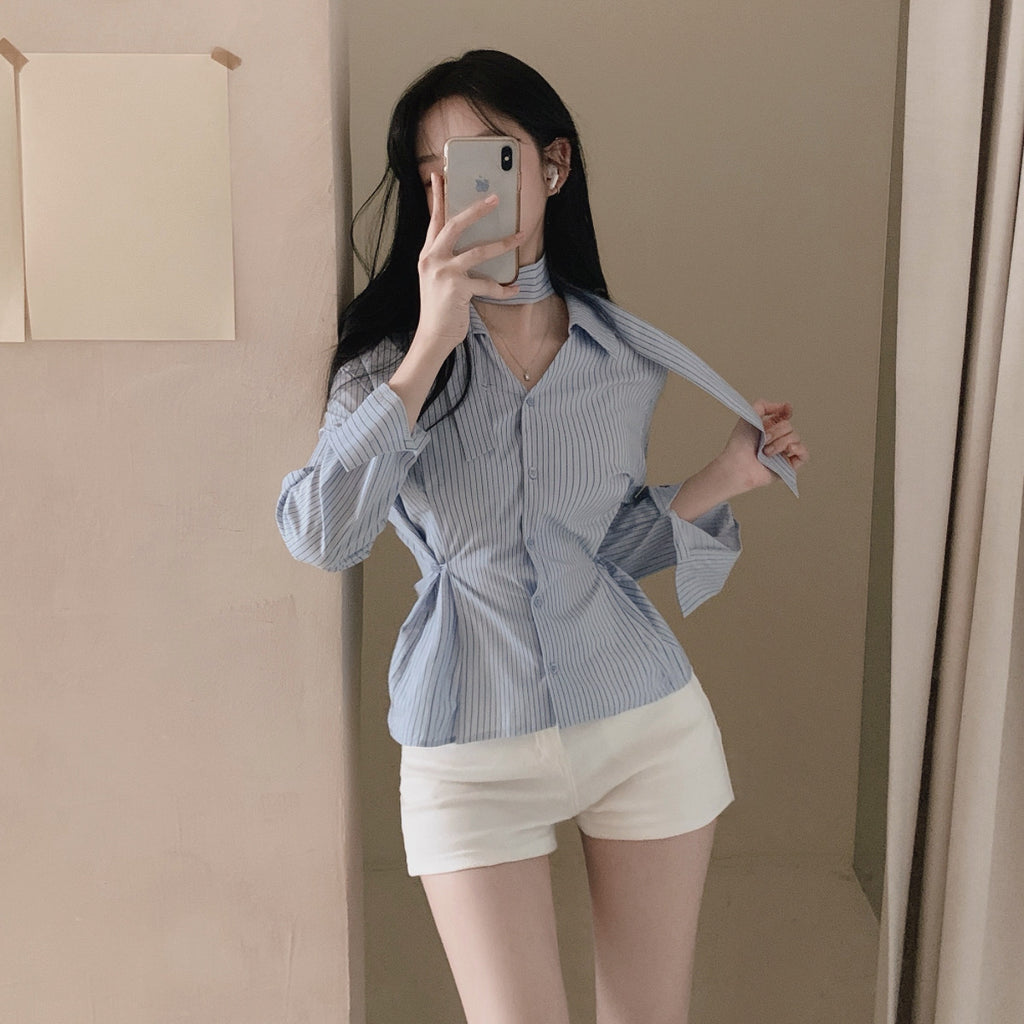 💕韓系小眾V領飄帶收腰百搭條紋上衣