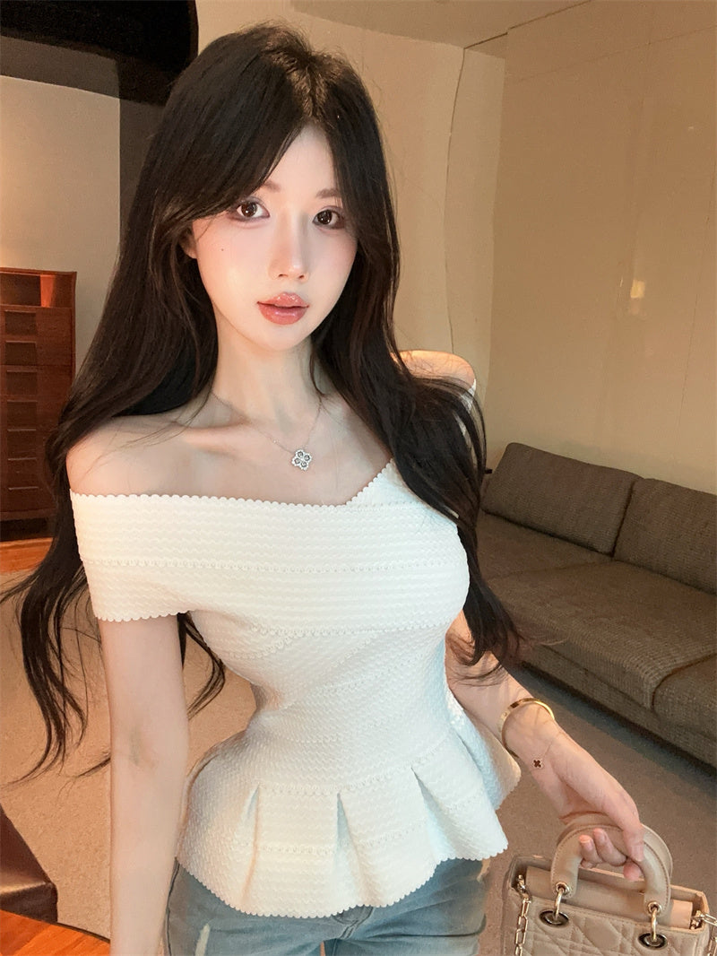 💕一字肩荷葉邊彈力繃帶修身單品上衣