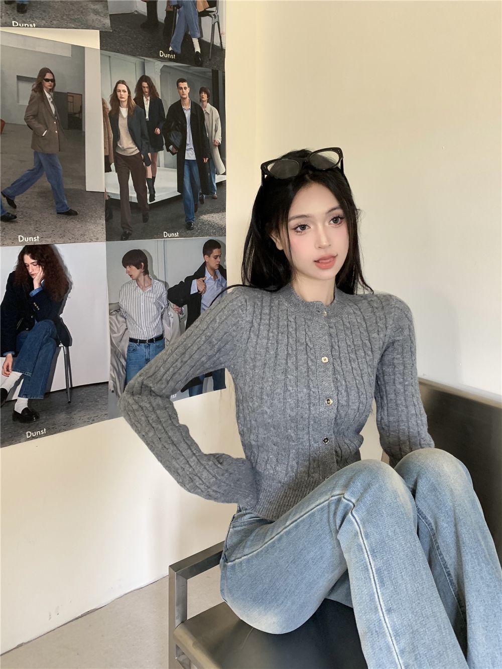 💕簡約休閒黑色短款麻花針織長袖上衣