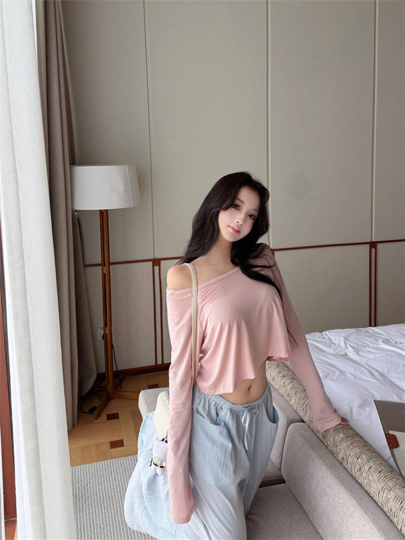 💕溫柔懶人斜肩長袖短款露臍上衣&條紋寬褲兩件套