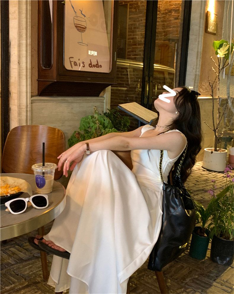 💕高級感法式白色收腰顯瘦吊帶連衣裙