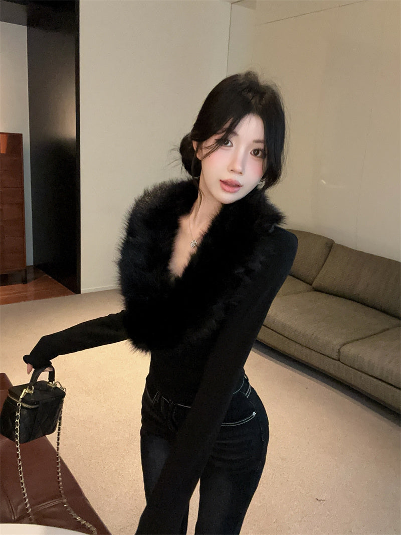 💕純欲辣妹毛領拼接V領長袖修身上衣