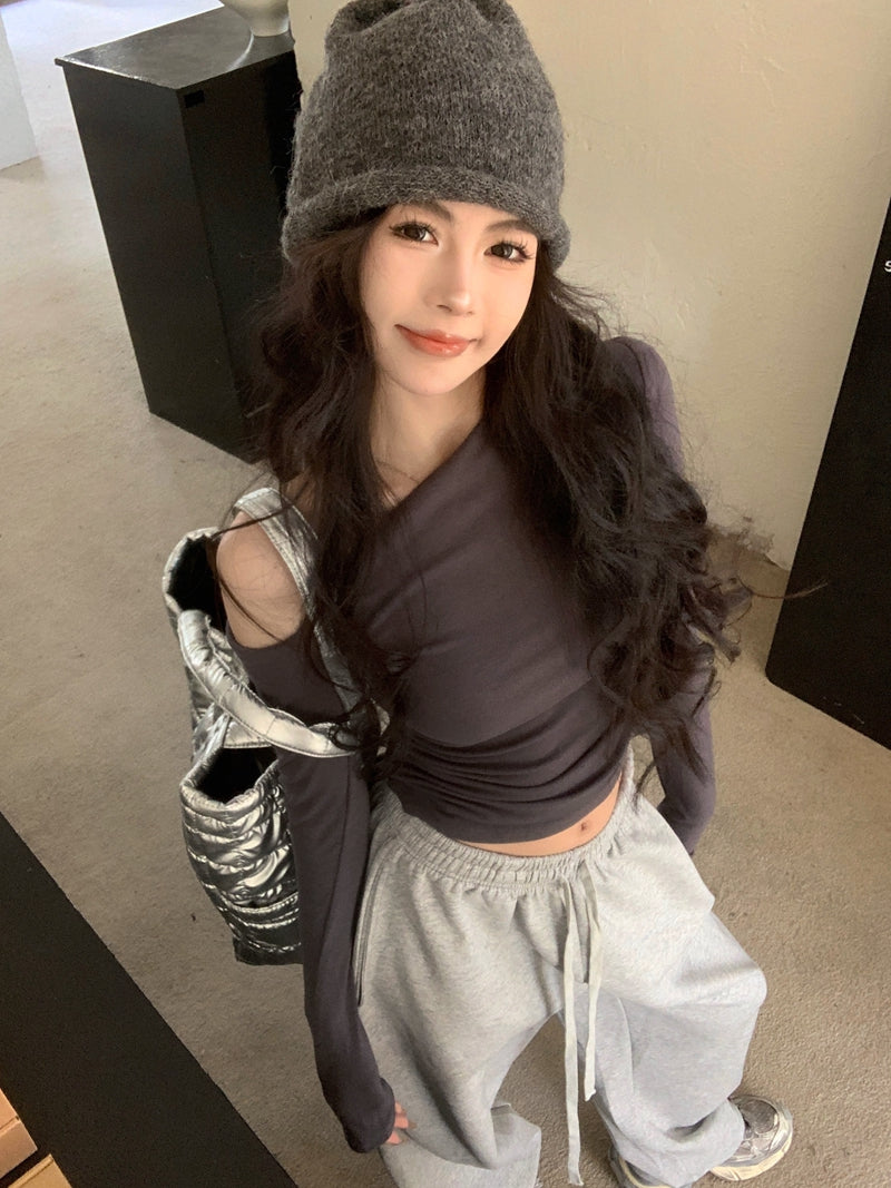 💕純欲性感不規則露肩黑色長袖斜肩上衣