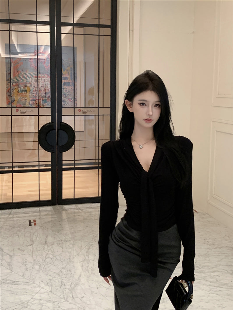💕韓系設計感褶皺盪領飄帶長袖打底衣