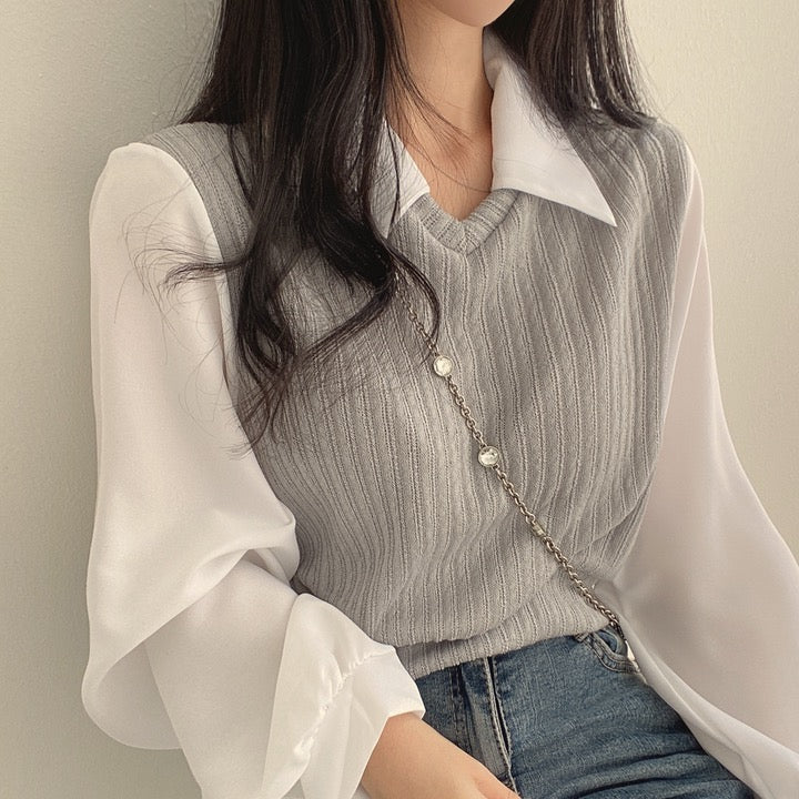 💕chic韓系假兩件拼接襯衫上衣