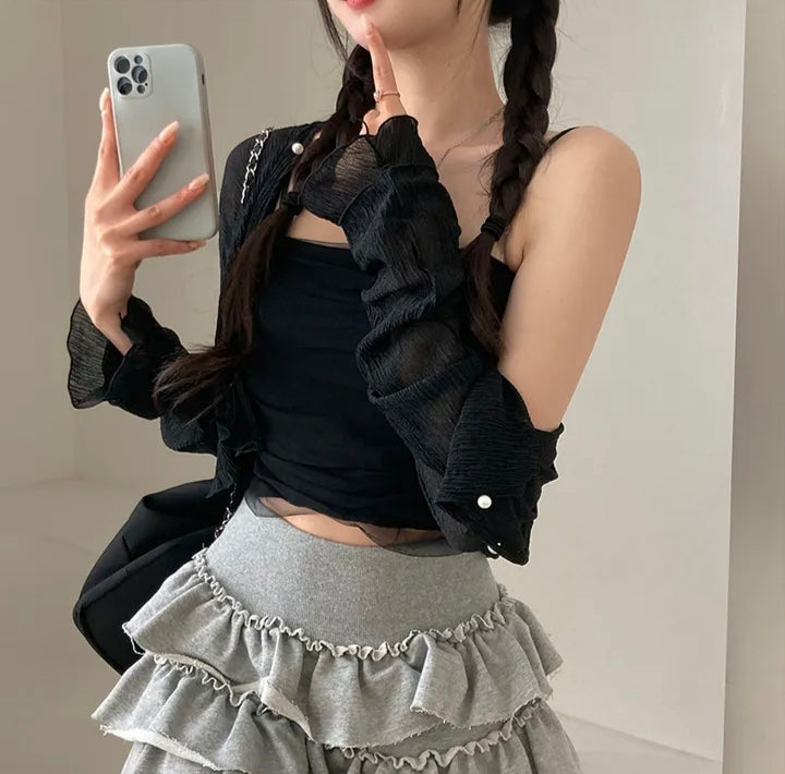 💕春夏防曬長袖雪紡開衫+網紗拼接針織吊帶