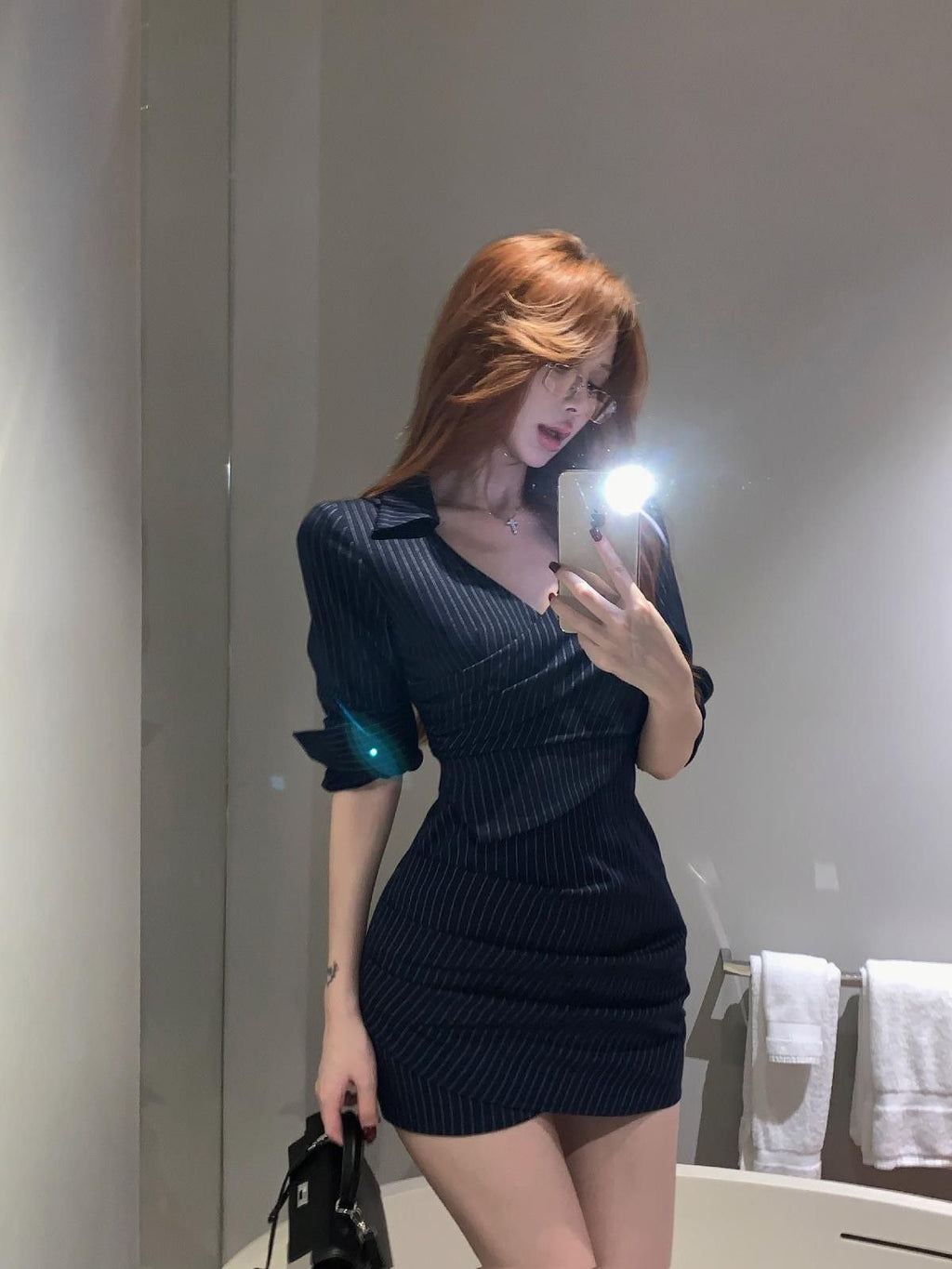💕高級性感法式條紋V領長袖襯衫連衣裙