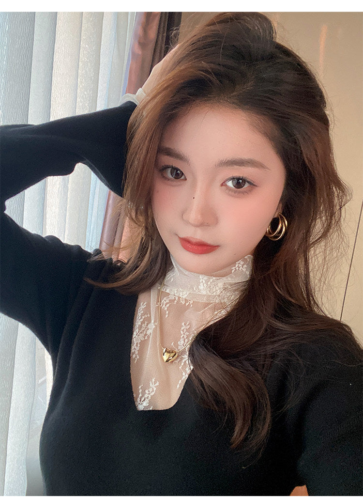 💕白色V領假兩件蕾絲打底衫上衣