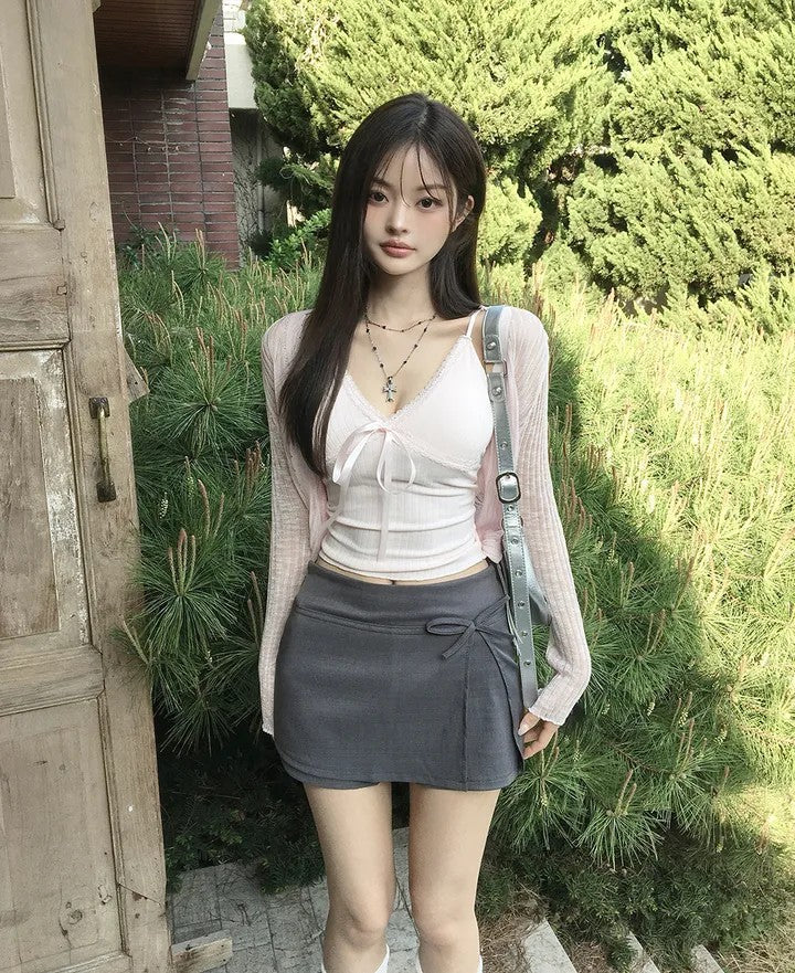 💕溫柔蝴蝶結別緻開衩半身高腰包臀短裙