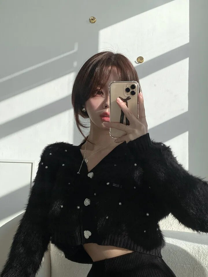 💕韓版釘珠愛心扣仿水貂絨毛衣針織衫