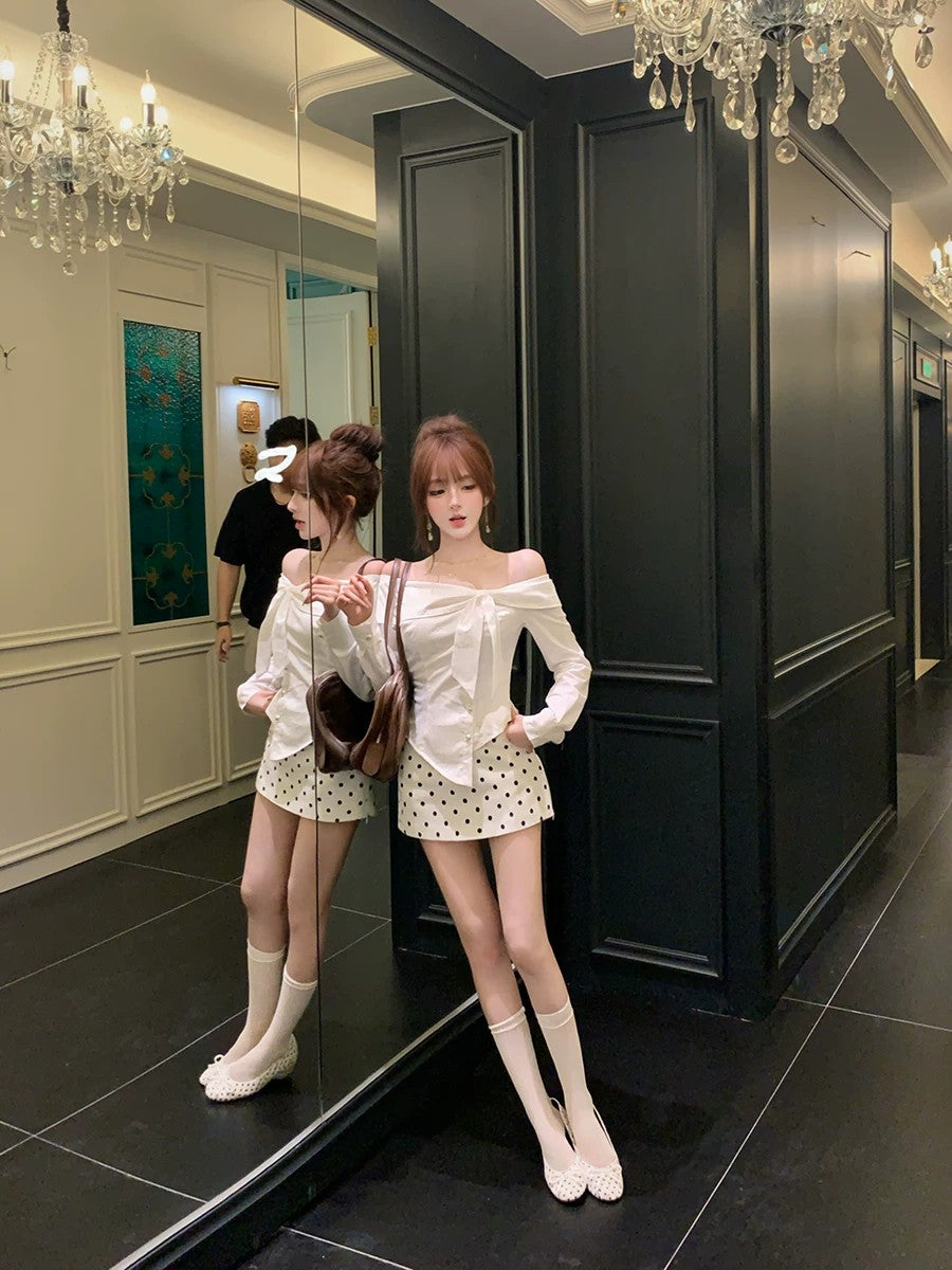 💕chic韓系一字領不規則上衣點點短裙套裝