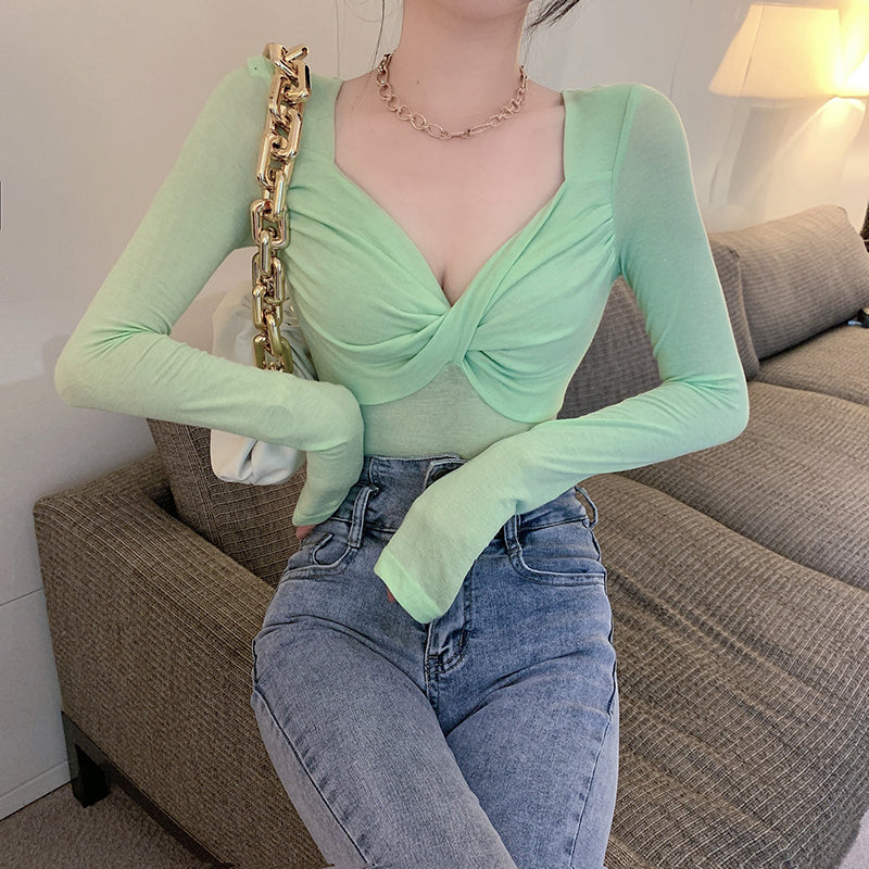 💕長袖V領扭結顯瘦打底衫上衣