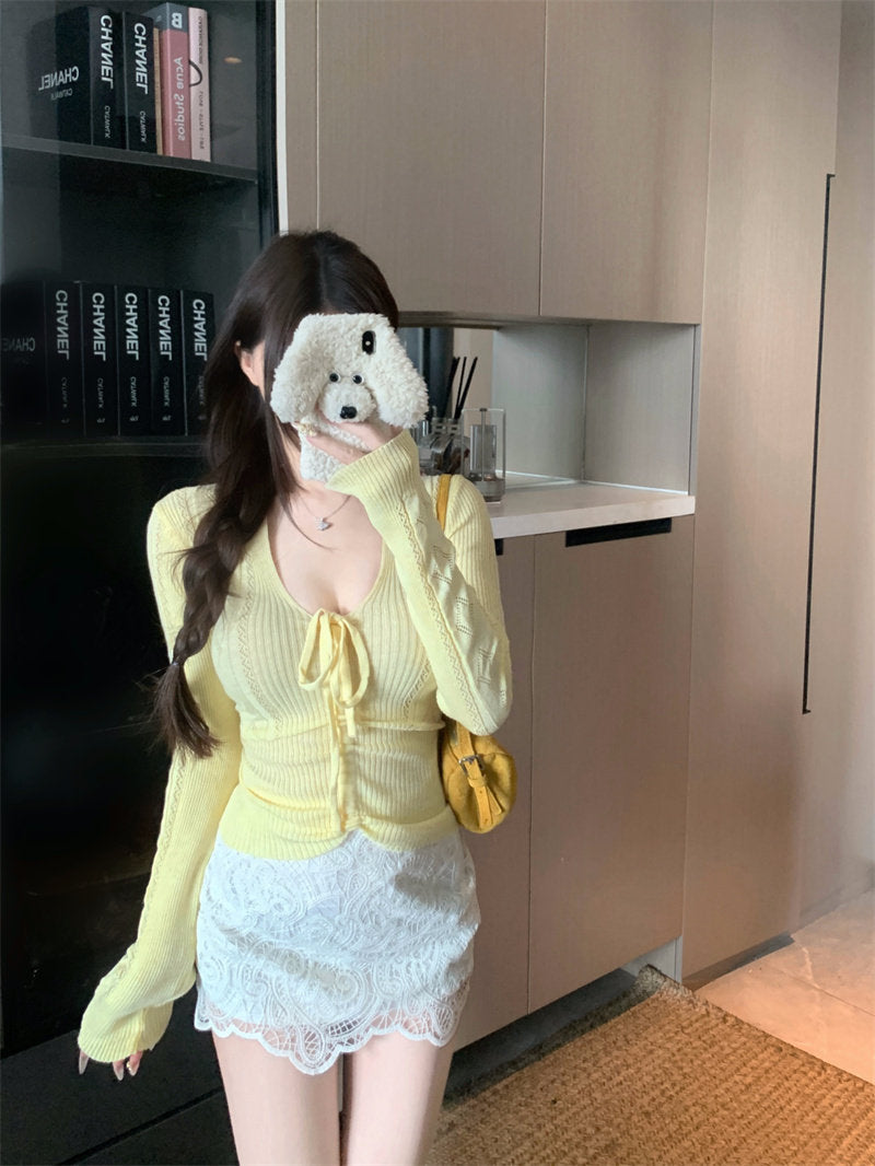 💕百搭簡約蝴蝶結系帶V領長袖針織顯瘦上衣