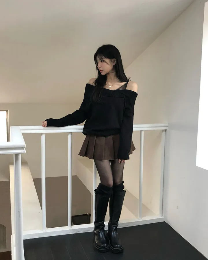 💕chic秋季假兩件蕾絲花邊打底一字肩針織上衣