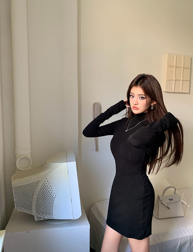 💕秋冬抓絨絲滑質感高領打底顯瘦連身包臀短裙