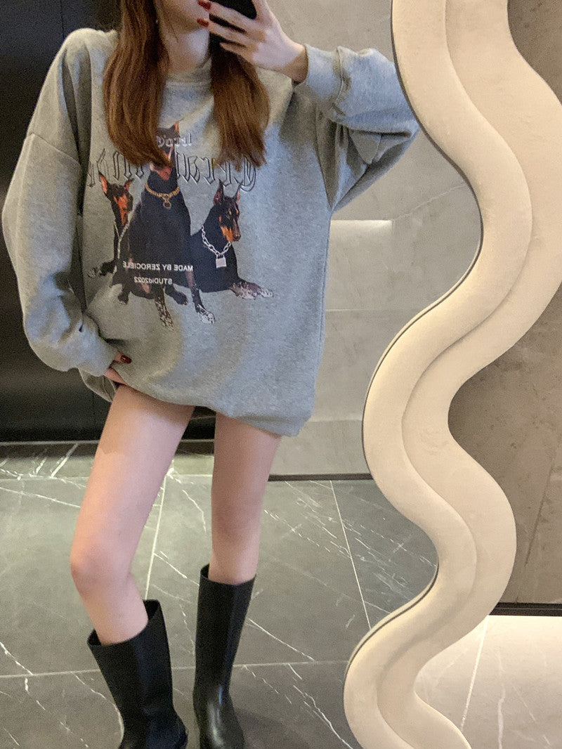 💕美式帥氣杜賓犬印花寬鬆中長衛衣