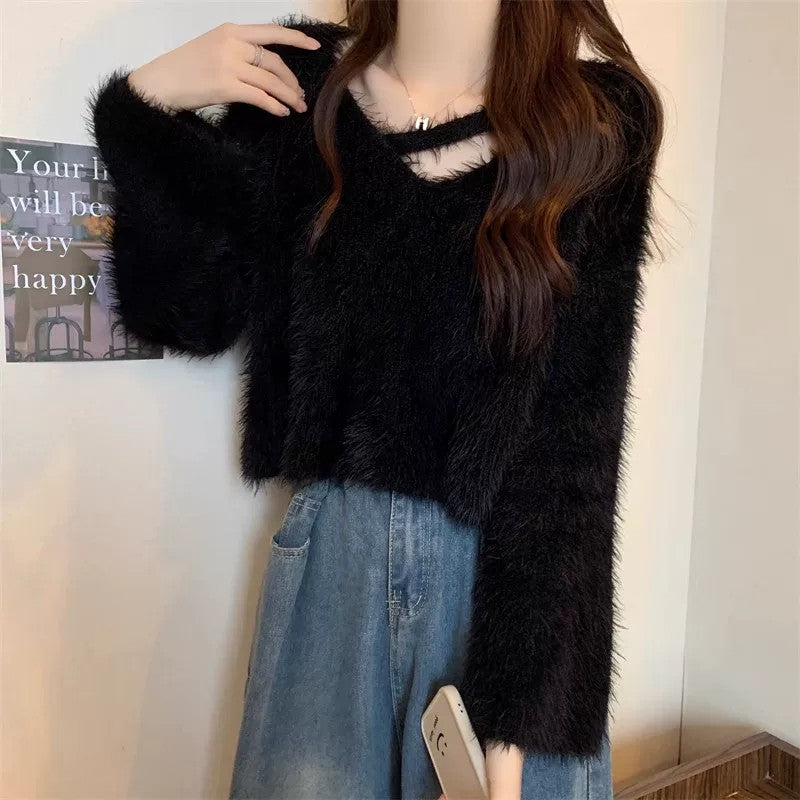 💕秋冬慵懶軟糯水貂毛短款上衣
