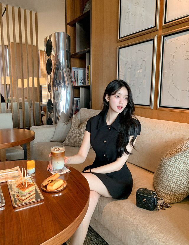 💕韓系氣質小香風翻領收腰小黑裙