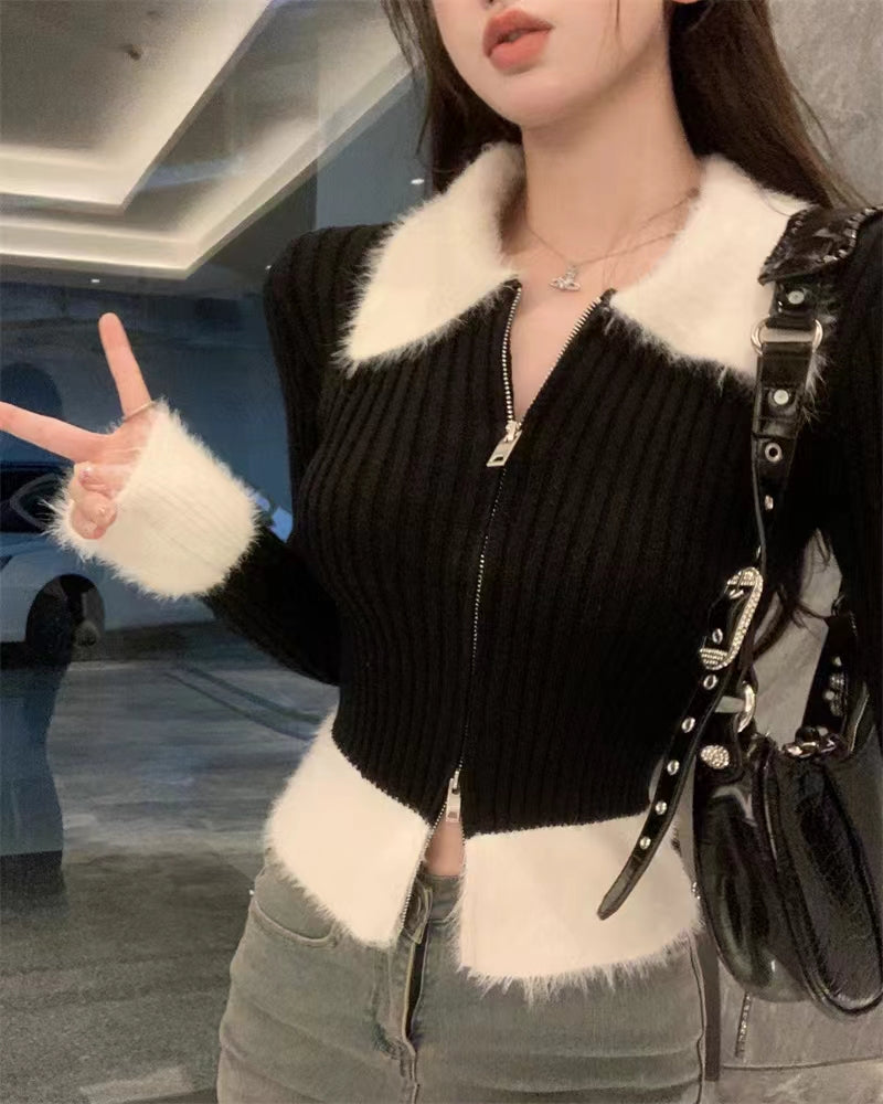 💕氣質短款polo毛毛領針織拉鍊修身上衣