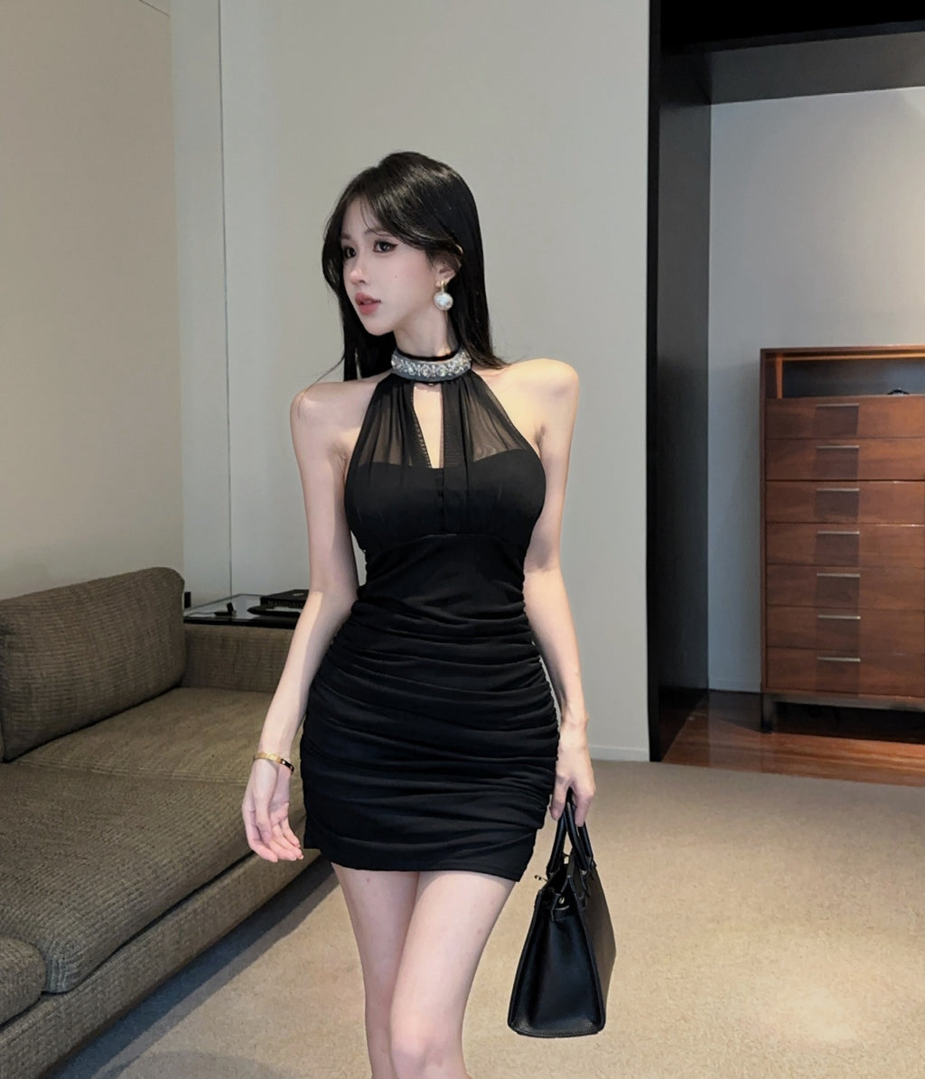 💕純御皺褶釘珠掛脖無袖包臀連身裙