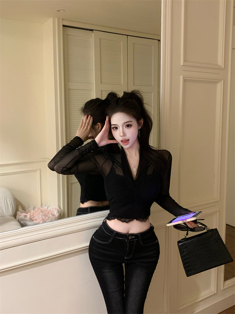 💕性感微透網紗長袖V領蕾絲吊帶內搭上衣兩件套