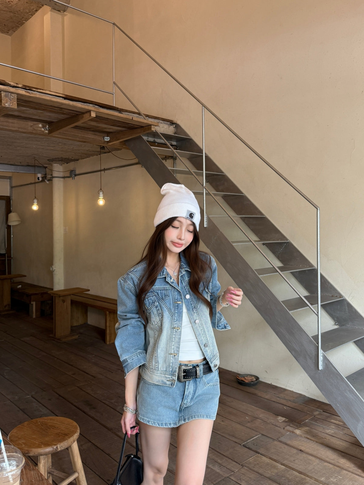 💕韓系高級復古水洗磨白漸變短款牛仔外套