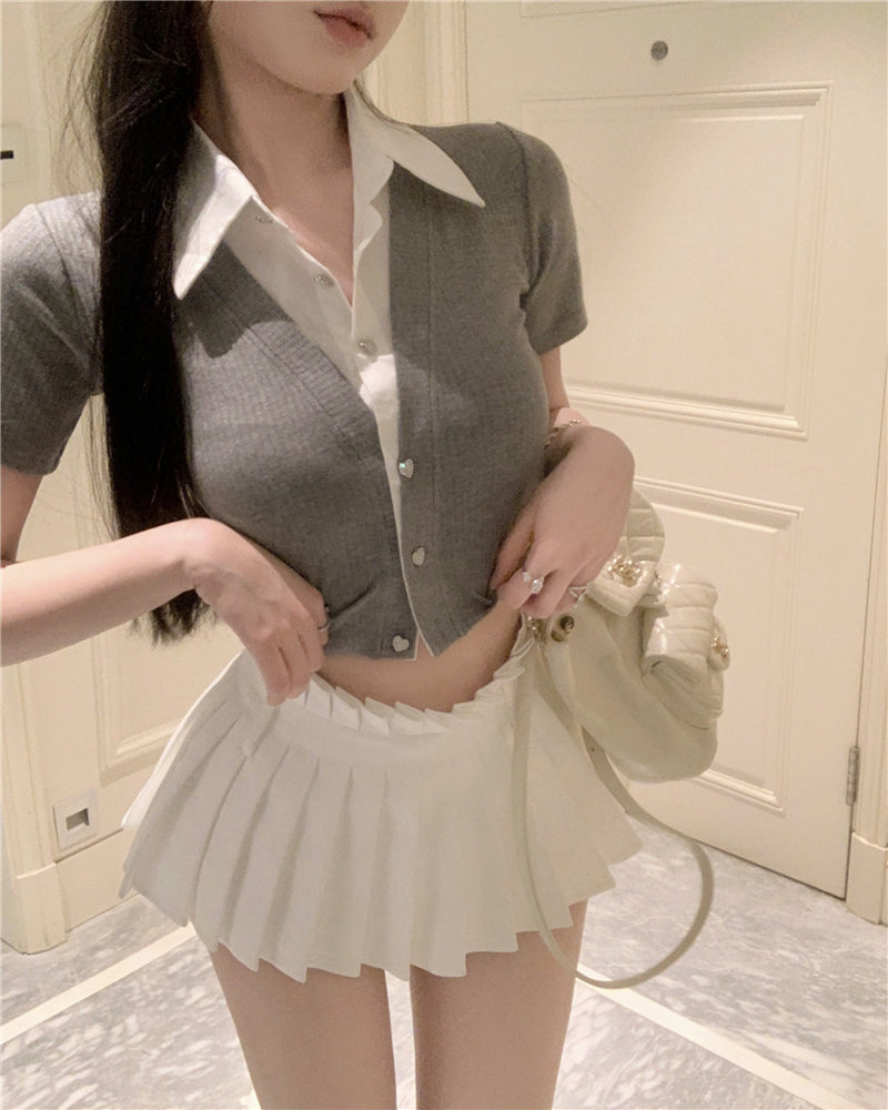 💕韓系氣質假兩件翻領修身短款針織衫