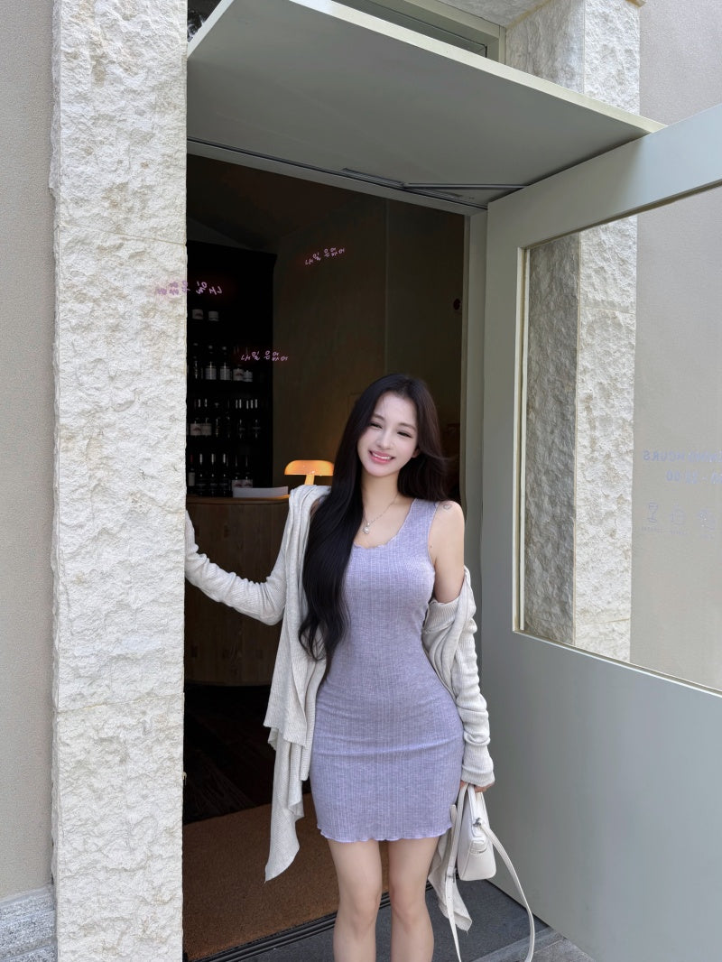 💕簡約百搭圓領吊帶收腰包臀連身裙+開衫