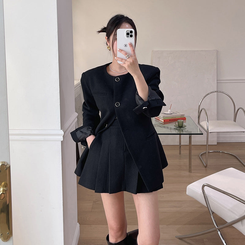 💕法式氣質單排釦小香風外套搭百褶短裙