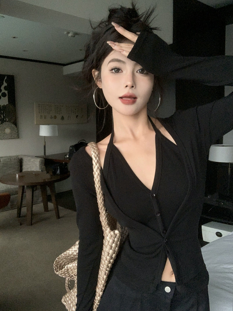 💕秋冬性感吊帶掛脖顯瘦假兩件打底上衣