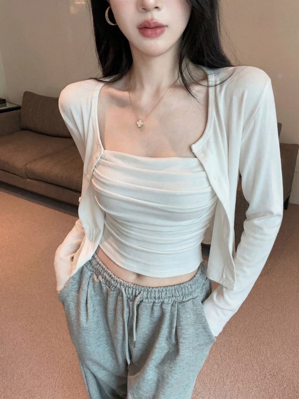 💕氣質慵懶休閒褶皺兩件式套裝