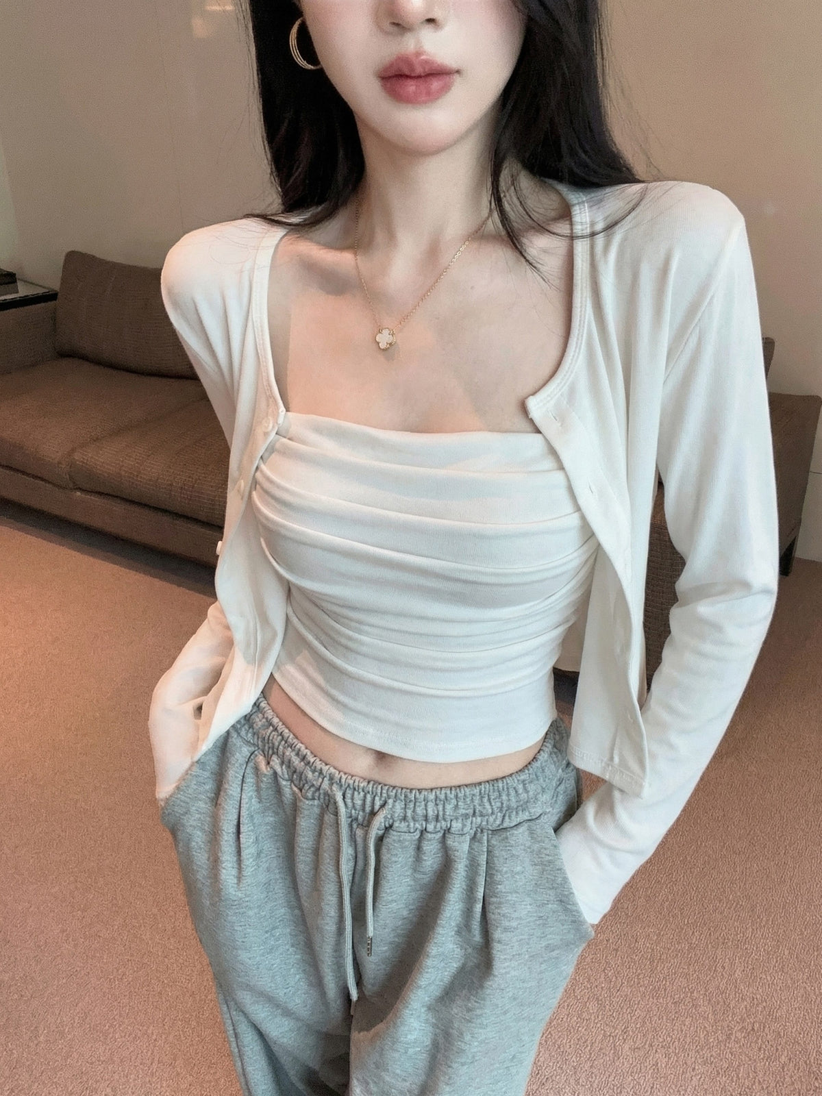 💕氣質慵懶休閒褶皺兩件式套裝