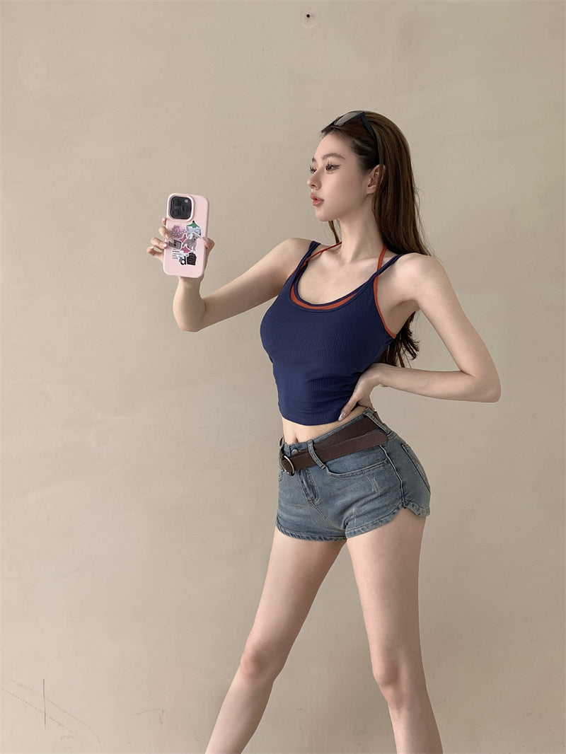 💕春夏熱辣假兩件帶胸墊吊帶背心